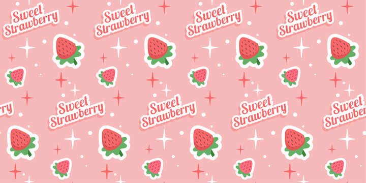 "Sweet strawberry" pattern with cute berries, stars and pink background. Seamless  Print for girl 