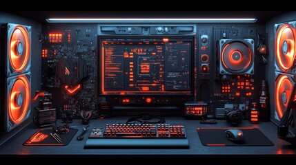 Fototapeta premium A modern gaming setup with a computer, keyboard, mouse, and speakers.