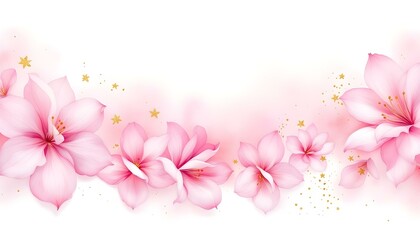 Fototapeta premium Floral art background with pink flowers in transparent watercolor style with golden line elements. Botanical banner with watercolor paints with transparency effect for design, decoration, poster