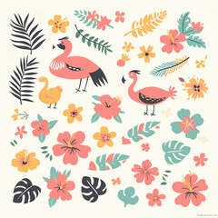 A colorful and vibrant image of flamingos and flowers