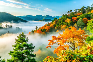 Naklejka premium a beautiful mountain landscape with fog and mist, trees in autumn colors, and a clear blue sky