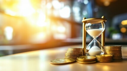 Hourglass with flowing sand beside stacks of coins symbolizing time as money, value of time, financial investment, growth