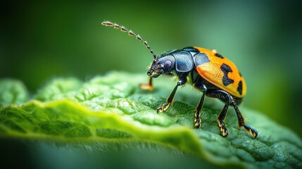 Close-up of a vibrant orange and black beetle perched on a green leaf, highlighting the beauty of nature in detail.