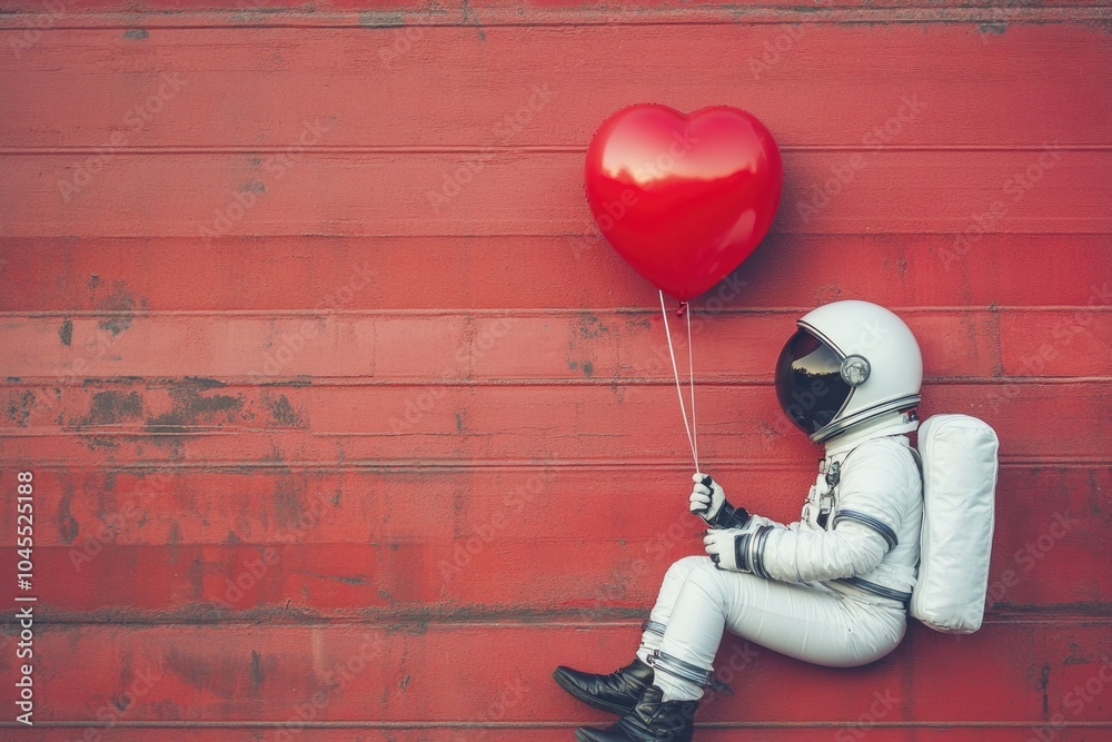 Poster astronaut holding a bright red balloon in a space suit, suitable for sci-fi and space-themed project