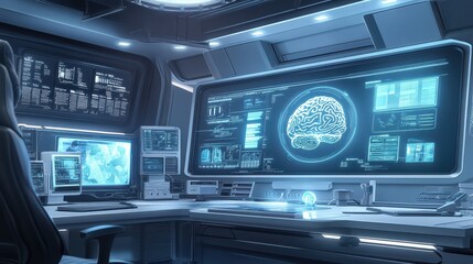 Obraz premium Futuristic Workspace with High-Tech Interfaces