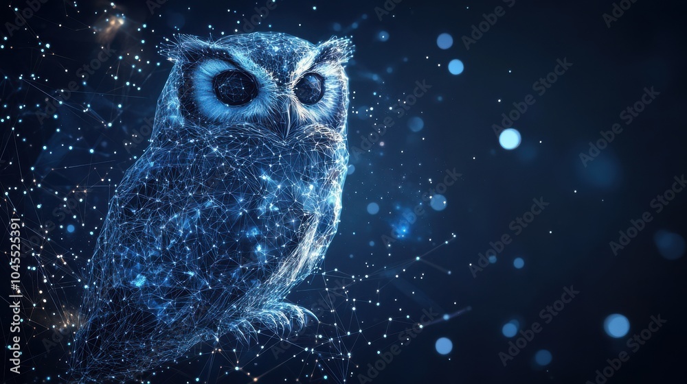 Sticker owl isolated from low poly wireframe on dark background. wild bird of prey. vector polygonal image i