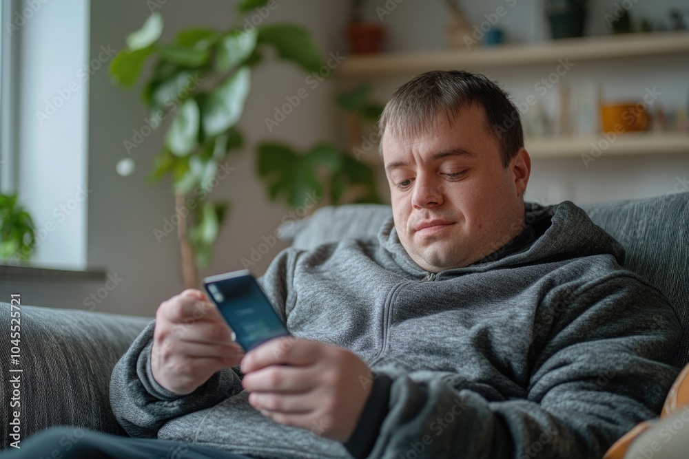 Poster a person sitting on a couch looking at their cell phone, possibly checking messages or browsing the 