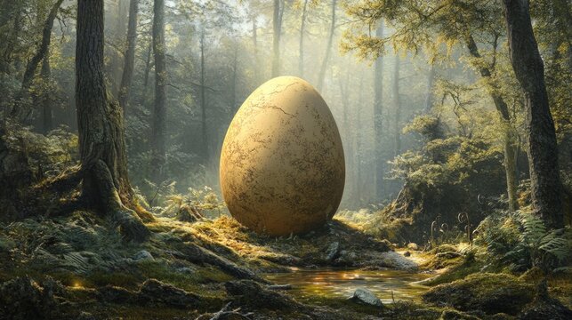giant dinosaur egg in the middle of the forest