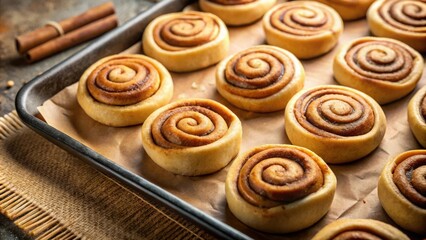Fototapeta premium A tray of freshly baked cinnamon rolls with a warm golden glow, ready to be enjoyed