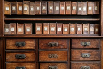 A wooden cabinet filled with multiple drawers