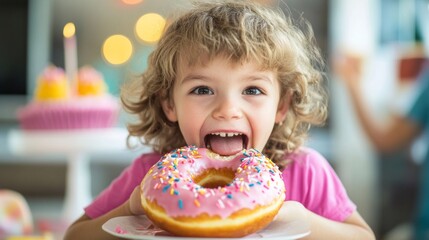 A young girl is holding a pink frosted doughnut with sprinkles on it