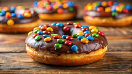 A chocolate glazed donut topped with colorful candies rests on a wooden surface, showcasing its sweet and decadent appeal.