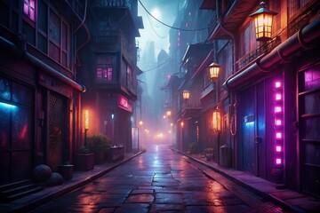 Dark alleys lit only by neon signs in a mix of languages, exuding a cyberpunk vibe.
