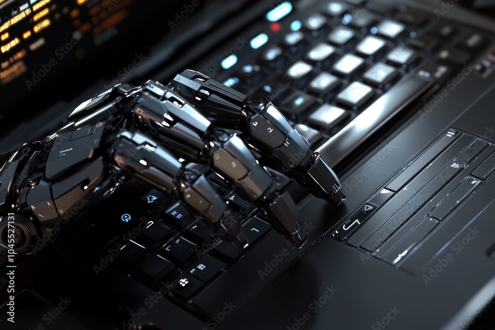 Poster a robotic hand rests on a laptop keyboard