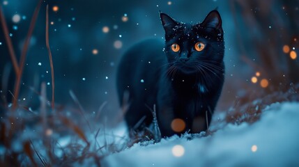 Fototapeta premium A black cat wanders through a snowy landscape, illuminated by soft, magical lights in a winter evening setting.