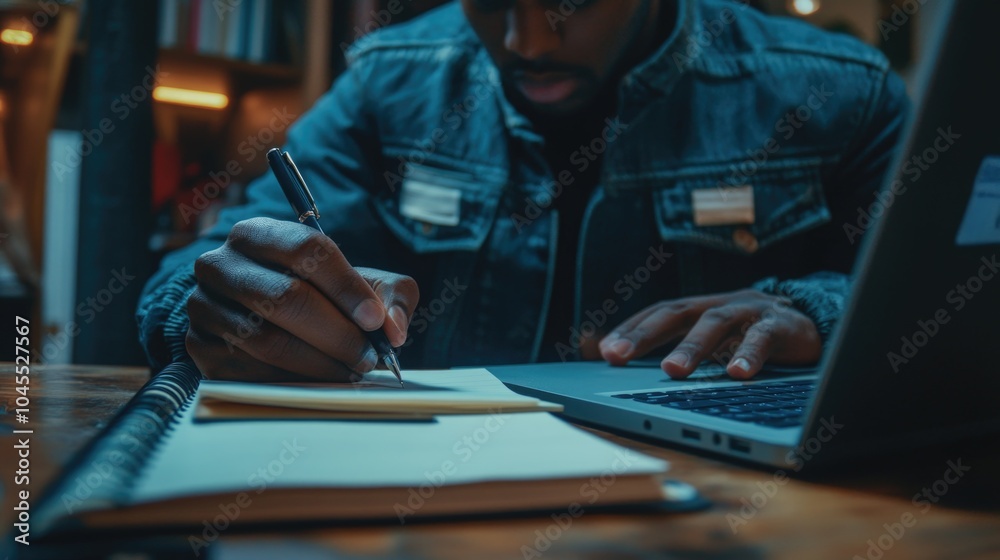 Poster man sitting at a desk with a laptop and a pen, perfect for stock photos of remote work or office set