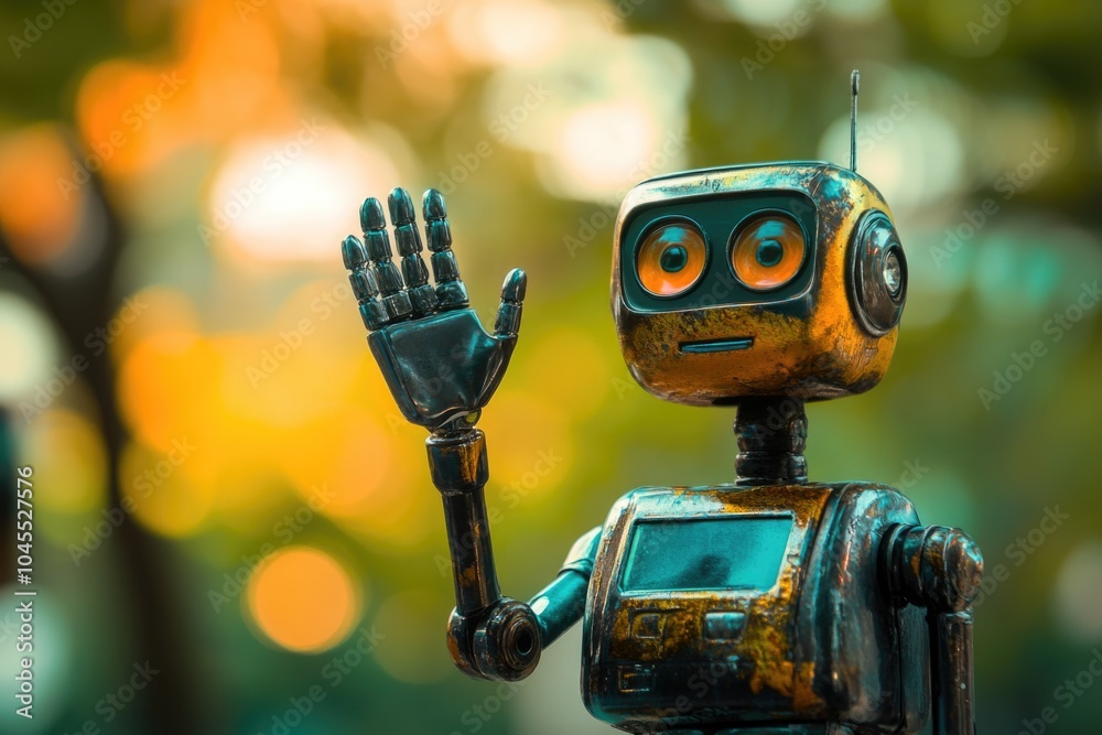 Poster a small toy robot with movable arms and hands, waving one of its hands in the air