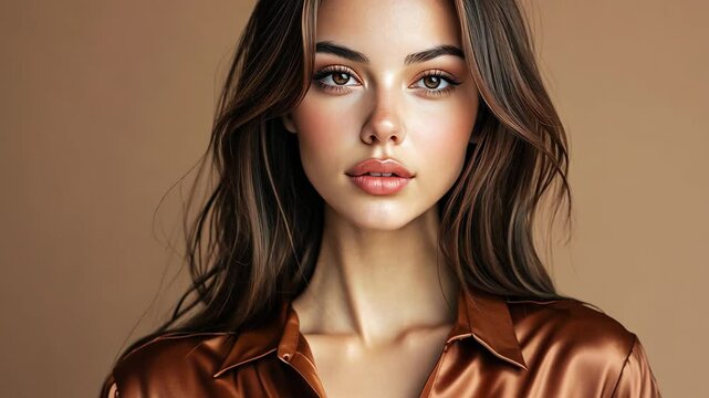 of lovely stunning pretty lady wear brown satin stylish blouse demonstrate empty space Video