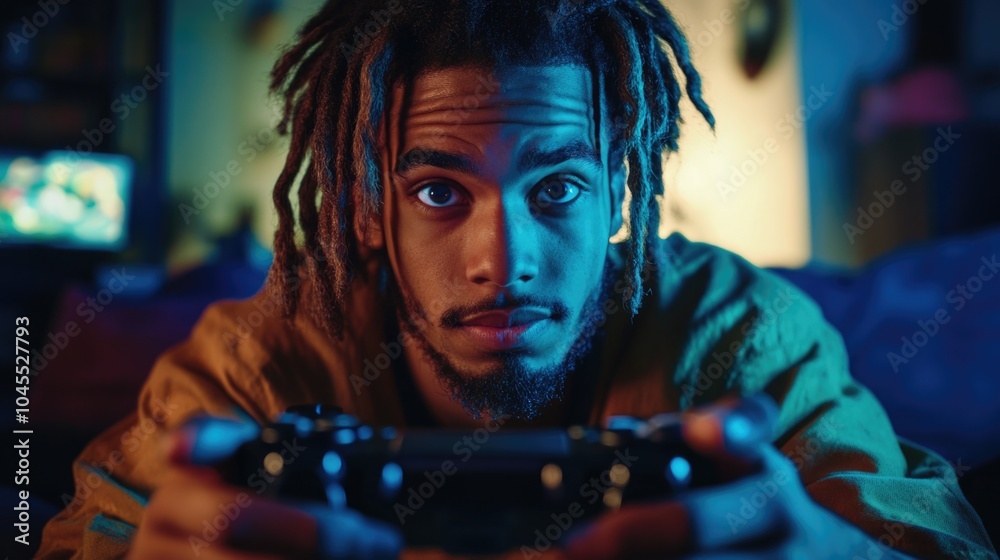 Poster A person with dreadlocks sitting in front of a screen playing a video game