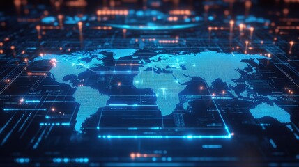 Fototapeta premium A high-tech world map with glowing blue lines linking various countries, symbolizing interconnected global commerce.