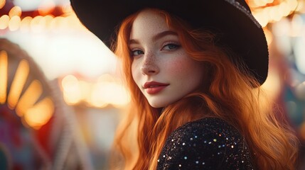 Fototapeta premium A woman with stunning red hair wearing a stylish black hat in a vibrant carnival setting. Colors dance in the background, creating a lively mood.