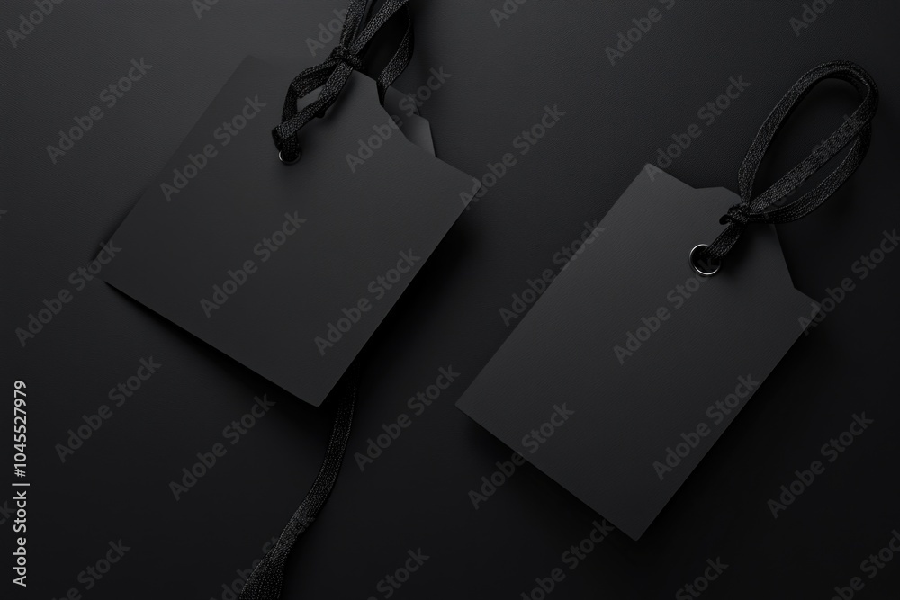 Poster two small black tags attached to a dark background