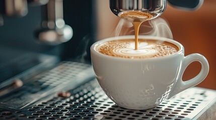 A close-up of espresso being brewed into a white cup, showcasing rich crema and a hint of steaming coffee aromas.