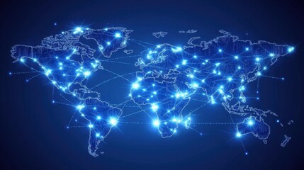 A high-tech world map with glowing blue lines linking various countries, symbolizing interconnected global commerce.