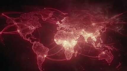 Obraz premium A high-tech world map with glowing trade lines linking major international hubs, symbolizing global commerce.