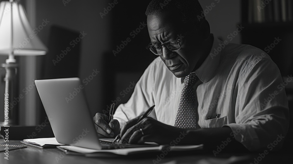 Poster a person sitting at a desk using a laptop computer, great for articles about technology or office sc