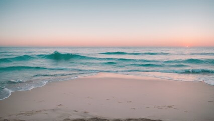 Obraz premium Beautiful pastel sunset over a calm ocean, with soft waves washing onto the beach. Ideal for tranquil beach scenes and relaxing nature visuals