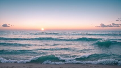 Obraz premium Beautiful pastel sunset over a calm ocean, with soft waves washing onto the beach. Ideal for tranquil beach scenes and relaxing nature visuals