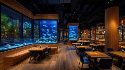 Fototapeta premium A serene dining experience in a modern restaurant with stunning aquariums showcasing vibrant aquatic life in the evening