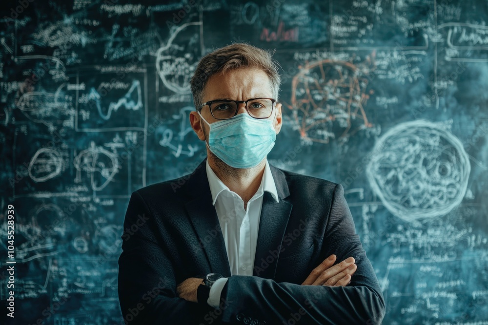 Poster a person wearing a face mask stands in front of a blackboard, ready for education or instruction