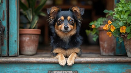 A small dog resting on a wooden step with potted plants nearby.