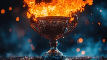 impressive trophy engulfed in flames symbolizing victory with a blurred celebratory background evoking feelings of triumph and achievement