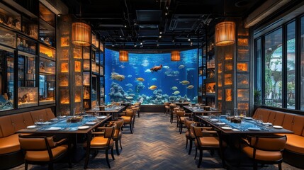 A modern dining experience with a stunning aquarium backdrop in an upscale restaurant