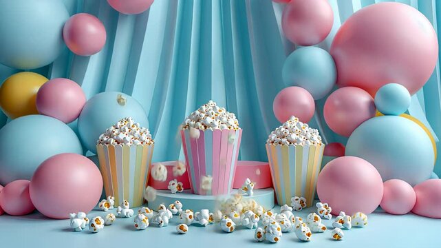 Colorful pastel popcorn buckets placed on a whimsical backdrop with soft pink and blue balloons, creating a playful and fun atmosphere