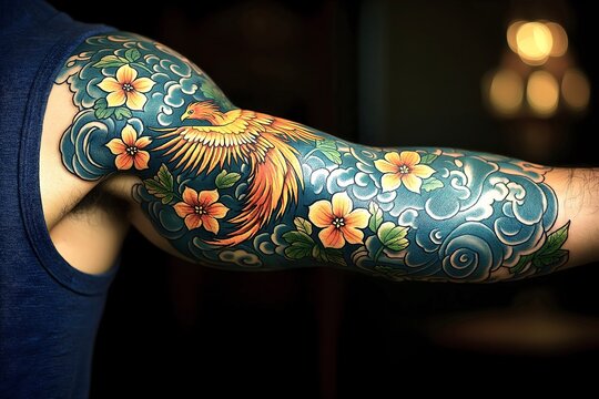 Man's arm full sleeve tattoo, phoenix bird, green ink, floral theme, black background. 