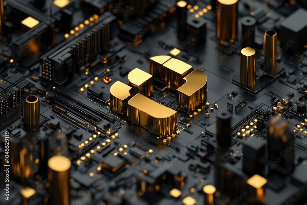 Poster a close-up shot of a computer motherboard with gold lettering, suitable for tech-related projects an