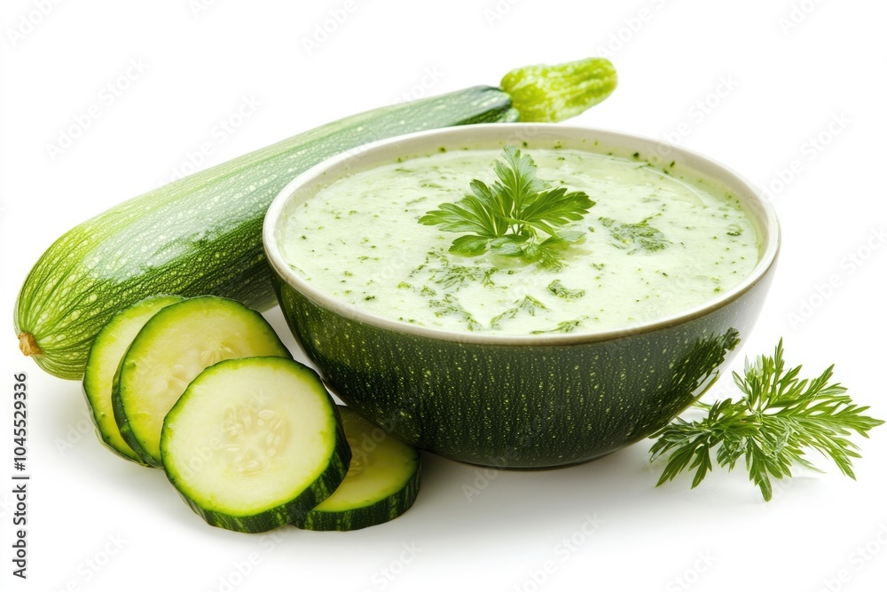 Poster fresh cucumbers and parsley in a bowl of creamy soup