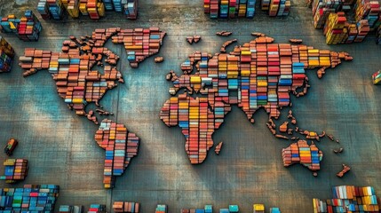 Naklejka premium World Map Formed by Stacked Shipping Containers Symbolizing Global Trade and International Logistics