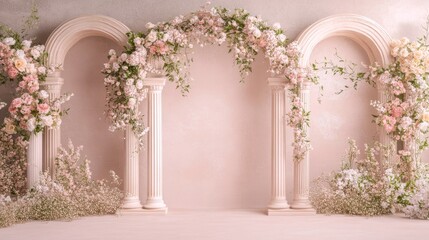 Enchanting Floral Archway in a Serene Indoor Setting with Pastel Hues and Elegant Symmetry