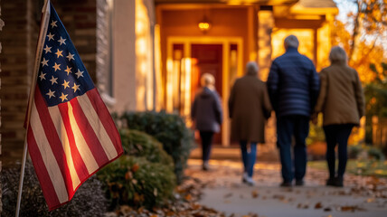 An American flag in the foreground with people in the background