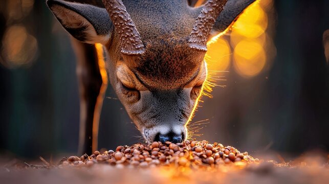 Close up of Button Buck Deer Foraging Acorns at Sunset