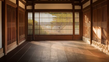 Obraz premium Sunlight reflected between the windows of a hanok house