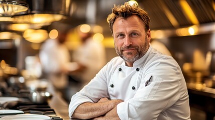 Fototapeta premium A skilled chef smiling confidently in a bustling kitchen during dinner prep, showcasing culinary artistry and passion for food
