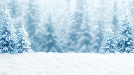 Fototapeta premium Snowy pine branches with blurred winter forest in the background under a bright blue sky.