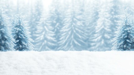 Fototapeta premium Snowy pine branches with blurred winter forest in the background under a bright blue sky.