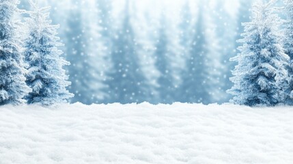 Fototapeta premium Snowy pine branches with blurred winter forest in the background under a bright blue sky.